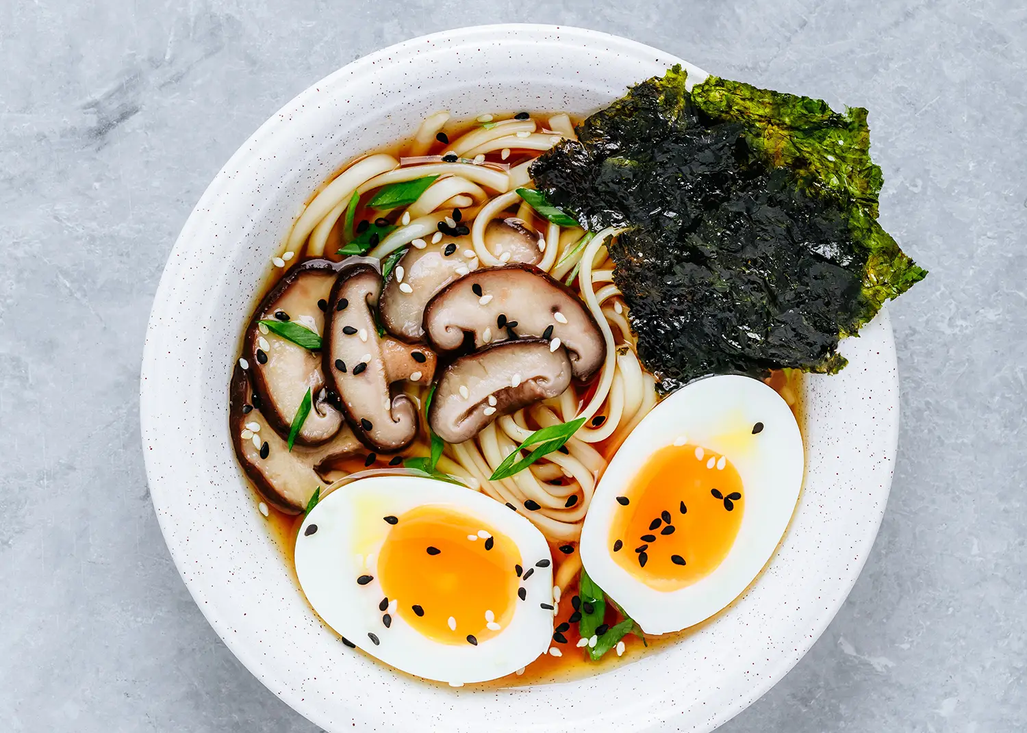 noodle soup with shiitake mushrooms, egg, and nori
